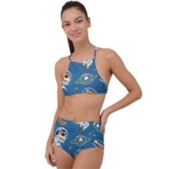Seamless-pattern-funny-astronaut-outer-space-transportation Halter Tankini Set by Simbadda