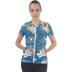 Seamless-pattern-funny-astronaut-outer-space-transportation Short Sleeve Zip Up Jacket by Simbadda