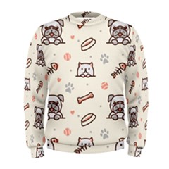 Pug-dog-cat-with-bone-fish-bones-paw-prints-ball-seamless-pattern-vector-background Men s Sweatshirt by Simbadda