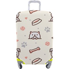 Pug-dog-cat-with-bone-fish-bones-paw-prints-ball-seamless-pattern-vector-background Luggage Cover (large) by Simbadda