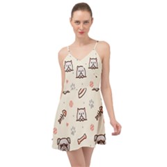 Pug-dog-cat-with-bone-fish-bones-paw-prints-ball-seamless-pattern-vector-background Summer Time Chiffon Dress by Simbadda