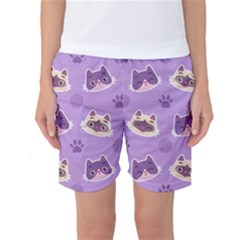 Cute-colorful-cat-kitten-with-paw-yarn-ball-seamless-pattern Women s Basketball Shorts by Simbadda