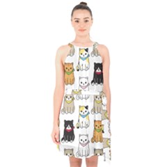 Cat-kitten-seamless-pattern Halter Collar Waist Tie Chiffon Dress by Simbadda
