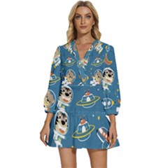 Seamless-pattern-funny-astronaut-outer-space-transportation V-neck Placket Mini Dress by Simbadda