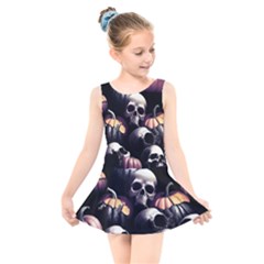 Halloween Party Skulls, Demonic Pumpkins Pattern Kids  Skater Dress Swimsuit by Casemiro