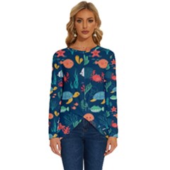 Variety Of Fish Illustration Turtle Jellyfish Art Texture Long Sleeve Crew Neck Pullover Top by Bangk1t