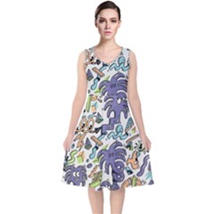 Purple Orange Green Blue Cartoon V-neck Midi Sleeveless Dress  by Bangk1t