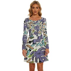 Purple Orange Green Blue Cartoon Long Sleeve Wide Neck Velvet Dress by Bangk1t