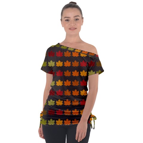Autumn Fall Leaves Season Background Glitter Art Off Shoulder Tie-up Tee by Bangk1t