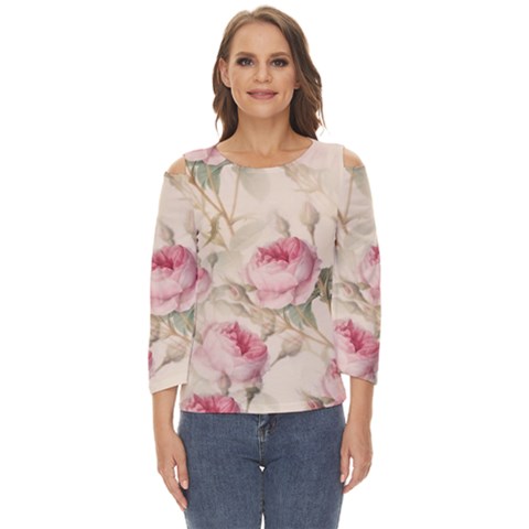 Roses Plants Vintage Retro Flowers Pattern Cut Out Wide Sleeve Top by Bangk1t
