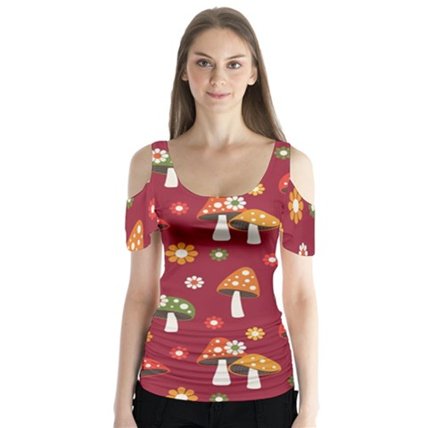 Woodland Mushroom And Daisy Seamless Pattern On Red Backgrounds Butterfly Sleeve Cutout Tee  by Amaryn4rt