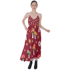 Woodland Mushroom And Daisy Seamless Pattern On Red Backgrounds Tie Back Maxi Dress by Amaryn4rt