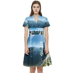 Futuristic City Fantasy Scifi Short Sleeve Waist Detail Dress by Ravend
