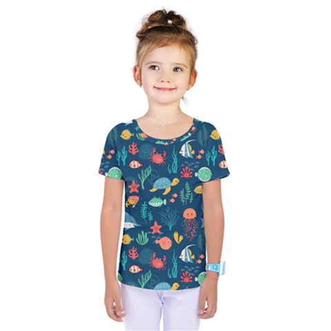 Variety Of Fish Illustration Turtle Jellyfish Art Texture Kids  One Piece Tee by Grandong