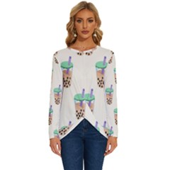Cute Boba Long Sleeve Crew Neck Pullover Top by artworkshop