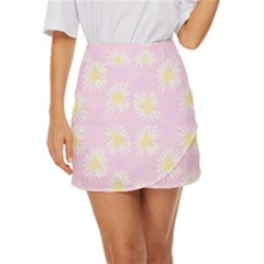 Mazipoodles Bold Daisies Pink Mini Front Wrap Skirt by Mazipoodles