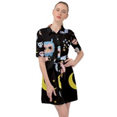 Cute-owl-doodles-with-moon-star-seamless-pattern Belted Shirt Dress by pakminggu