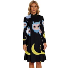 Cute-owl-doodles-with-moon-star-seamless-pattern Long Sleeve Shirt Collar A-line Dress by pakminggu