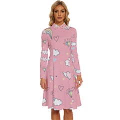 Cute-unicorn-seamless-pattern Long Sleeve Shirt Collar A-line Dress by pakminggu