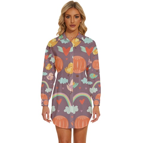 Cute-seamless-pattern-with-doodle-birds-balloons Womens Long Sleeve Shirt Dress by pakminggu