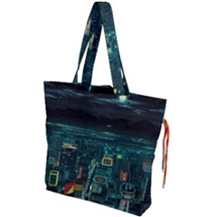 Night Black City Neon Sky Stars Moon Abstract Drawstring Tote Bag by Cowasu