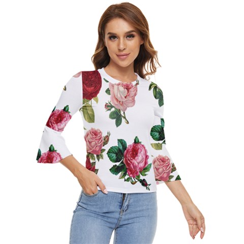 Roses-white Bell Sleeve Top by nateshop
