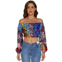 Beauty Stained Glass Castle Building Long Sleeve Crinkled Weave Crop Top by Cowasu