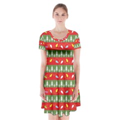 Christmas-papers-red-and-green Short Sleeve V-neck Flare Dress by Bedest
