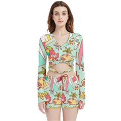 Summer Up Cute Doodle Velvet Wrap Crop Top And Shorts Set by Bedest