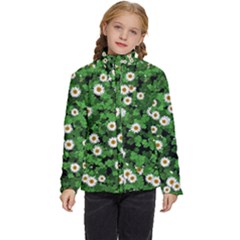 Daisies Clovers Lawn Digital Drawing Background Kids  Puffer Bubble Jacket Coat by Ravend