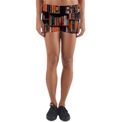 Assorted Title Of Books Piled In The Shelves Assorted Book Lot Inside The Wooden Shelf Yoga Shorts by Ravend