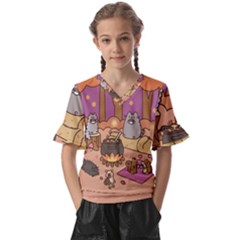 Pusheen Cute Fall The Cat Kids  V-neck Horn Sleeve Blouse by Ndabl3x