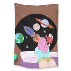 Girl Bed Space Planet Spaceship Large Tapestry by Bedest