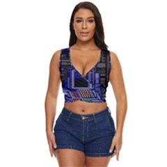 Blue Computer Monitor With Chair Game Digital Art Women s Sleeveless Wrap Top by Bedest