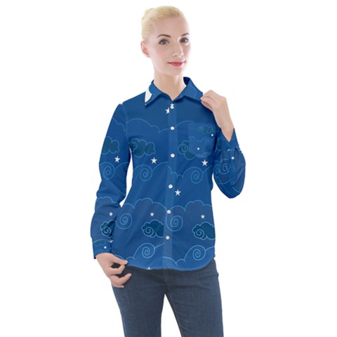 Sky Night Moon Clouds Crescent Women s Long Sleeve Pocket Shirt by Proyonanggan