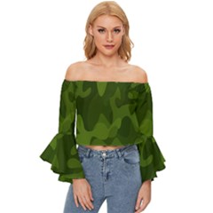 Green Camouflage, Camouflage Backgrounds, Green Fabric Off Shoulder Flutter Bell Sleeve Top