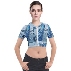 Chinese Style 3d Embossed Blue Peacock Oil Painting Short Sleeve Cropped Jacket by Grandong
