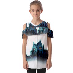 Blue Castle Halloween Horror Haunted House Fold Over Open Sleeve Top by Sarkoni