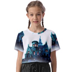 Blue Castle Halloween Horror Haunted House Kids  Basic T-shirt by Sarkoni
