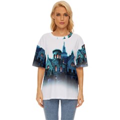 Blue Castle Halloween Horror Haunted House Oversized Basic T-shirt by Sarkoni