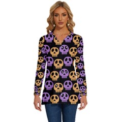 Halloween Skull Pattern Long Sleeve Drawstring Hooded Top by Ndabl3x