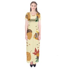 Leaves Foliage Acorns Barrel Short Sleeve Maxi Dress by Ndabl3x