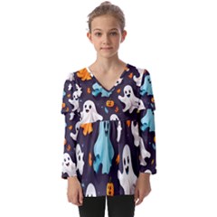 Ghost Pumpkin Scary Kids  V Neck Casual Top by Ndabl3x