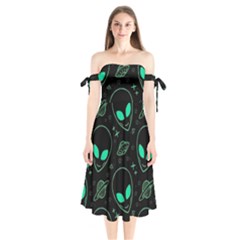 Alien Green Black Pattern Shoulder Tie Bardot Midi Dress by Ndabl3x