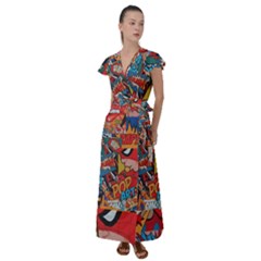 Comic Cartoon Pattern Flutter Sleeve Maxi Dress by pakminggu