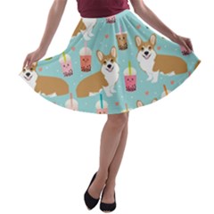 Welsh Corgis Dog Boba Tea Bubble Tea Cute Kawaii A-line Skater Skirt by Grandong