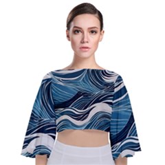 Abstract Blue Ocean Wave Tie Back Butterfly Sleeve Chiffon Top by Jack14