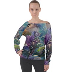 Abstract Blossoms  Off Shoulder Long Sleeve Velour Top by Internationalstore