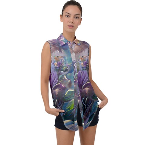 Abstract Blossoms  Sleeveless Chiffon Button Shirt by Internationalstore