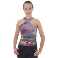 Abstract Flowers  Cross Neck Velour Top by Internationalstore